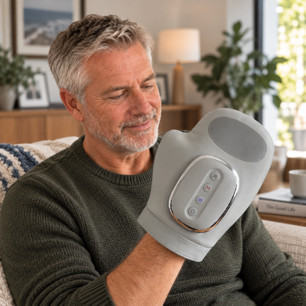 Compression surrounds the palm, fingers and back of the hand.