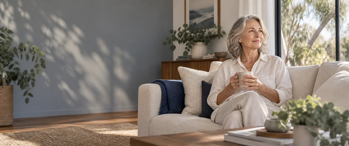 A woman enjoying a quiet moment at home with a cup of tea