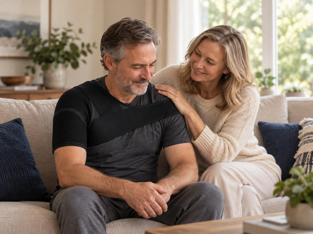 A couple sharing a quiet moment of care at home