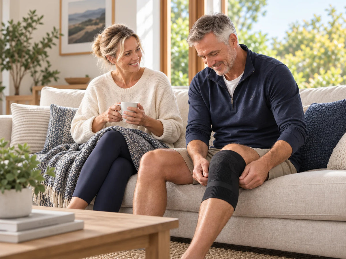 A couple relaxing at home, with a knee support being adjusted.